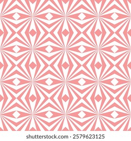 A seamless geometric pattern featuring a repeating design of interlocking shapes in a vibrant pink and white color scheme