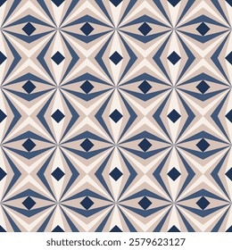 seamless geometric pattern featuring a repeating design of interlocking shapes in a calming palette of beige, blue, and off-white