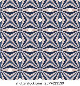 seamless geometric pattern featuring a repeating design of interlocking shapes in a calming palette of beige, blue, and off-white