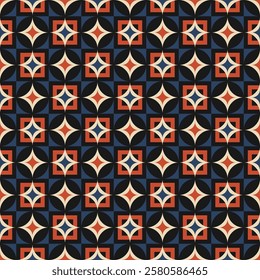 seamless geometric pattern featuring a repeating design of overlapping circles, squares, and triangles in a bold color palette of navy blue, red, and cream