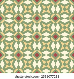 seamless geometric pattern featuring a repeating design of interlocking shapes in a warm and inviting color palette of yellow, green, and red