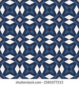 seamless geometric pattern featuring a repeating design of interlocking shapes in a calming palette of beige, blue, and white
