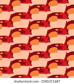 Seamless geometric pattern featuring a repeating design with strong visual symmetry with warm color palette blending shades of red and orange.  Continuous pattern ideal for fabric and textile.