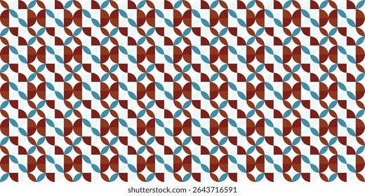 Seamless geometric pattern featuring a repeating design of teal, maroon, and white semi-circles and quarter-circles, creating a visually appealing and modern textile or wallpaper design.