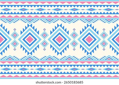 A seamless geometric pattern featuring repeating diamond and zigzag motifs in shades of blue and pink against a cream background