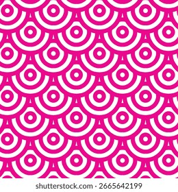 A seamless geometric pattern featuring repeating rows of pink and white concentric circles. The circles are arranged inoverlapping, scalloped formation, creating a visually dynamic and rhythmic effect