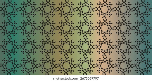 A seamless geometric pattern featuring repeating dark star-like motifs on a gradient background of muted green and beige.