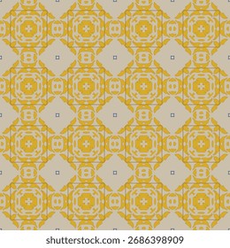A seamless geometric pattern featuring repeating yellow and gray-beige squares with intricate floral and abstract motifs