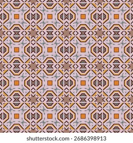 A seamless geometric pattern featuring repeating squares with intricate, colorful, and abstract star and tile motifs
