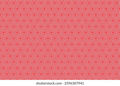 A seamless geometric pattern featuring a repetitive arrangement of outlined hexagons. Each hexagon is composed of multiple concentric layers, creating a structured and symmetric visual design.