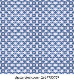 A seamless geometric pattern featuring rows of interconnected light blue circles and radiating lines on a solid blue background. This abstract design is ideal for fabric, wrapping paper, wallpaper.