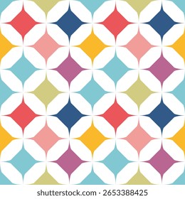 Seamless geometric pattern featuring soft diamond shapes with petal-like white edges in a colorful grid of red, blue, yellow, teal, and more.