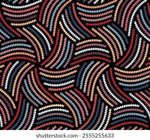 Seamless geometric pattern featuring spirals of thin, multicolored wavy lines on a black background with modern ethnic design. Abstract vector illustration.