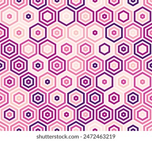 Seamless geometric pattern featuring stacked hexagon mosaic cells in a bold, multicolored palette. Tileable vector illustration.