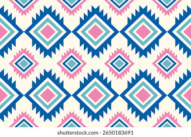 A seamless geometric pattern featuring stacked diamonds with serrated edges in blue pink and light blue against a cream background