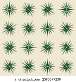 A seamless geometric pattern featuring stylized green starburst algae shapes with fine outlines on a beige background, creating a modern and minimalistic design