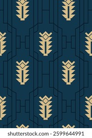 seamless geometric pattern featuring stylized golden trees on a blue background with a dark blue geometric overlay, for textile, wallpaper, gift wrapping.