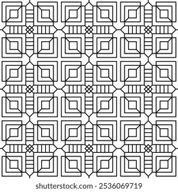 Seamless geometric pattern featuring symmetrical black lines that intersect and connect, creating a square shape. Suitable for backgrounds and various creative projects.