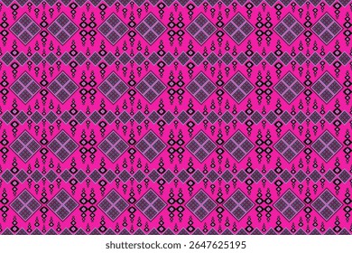 A seamless geometric pattern featuring symmetrical diamond shapes with intricate interior details, set against a vibrant pink background. The combination of black and blue elements within the diamonds