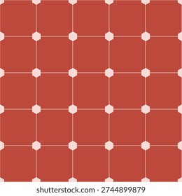 A seamless geometric pattern featuring a terracotta red background with a white grid of octagonal shapes and small hexagonal accents at the intersections.