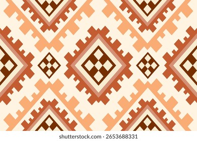 Um padrão geométrico sem costura com formas rombus inspiradas tribais em tons quentes de laranja marrom e creme Este design repetitivo forma um fundo decorativo com uma estética étnica