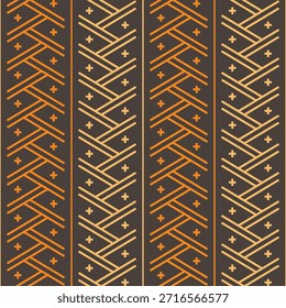 Un patrón geométrico sin costuras con rayas de chevron de inspiración tribal y motivos cruzados dispuestos en bandas de Vertical. La cálida paleta de colores marrón y naranja crea una estética étnica y retro audaz, ideal para textiles, telas, Fondos de pantalla, papel de regalo, estampados de moda, diseño de patrones de superficie y fondos decorativos. Perfecto tanto para impresión como para Uso comercial digital.