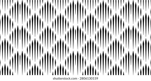 A seamless geometric pattern featuring vertical black lines of varying lengths arranged in an interlocking diamond or wave formation on a white background.