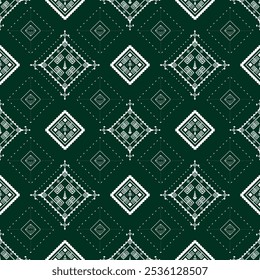 A seamless geometric pattern featuring white diamond shapes on a green background. The design exhibits intricate details, ideal for textiles, wallpapers, or modern interior design elements.