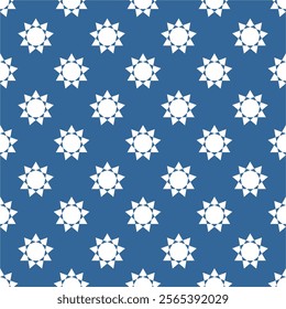 "Seamless geometric pattern featuring white sun-like shapes on a deep blue background. Ideal for use in textiles, wallpapers, wrapping paper, or as a decorative graphic design element."