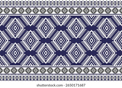 Seamless geometric pattern featuring white diamonds and tribal inspired borders on a deep blue background