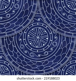 Seamless geometric pattern in "fish scale" design. Circle elements texture. Mandala background. Vector art.