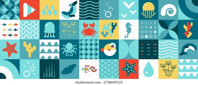 Seamless geometric pattern with fish, whale, octopus, jellyfish, coral and sea horse. Tiled sea background. Abstract Sea life background for summer textile, nautical wallpaper and surface design