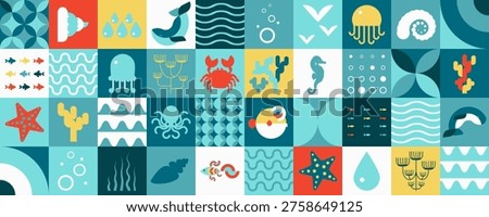 Seamless geometric pattern with fish, whale, octopus, jellyfish, coral and sea horse. Tiled sea background. Abstract Sea life background for summer textile, nautical wallpaper and surface design