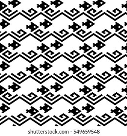 Seamless geometric pattern with fishes and waves in white and grey colors. Vector.
