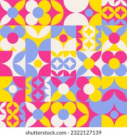 Seamless Geometric Pattern Floral Abstract Ornament Mosaic Decorative Background Pop Modern Vector Pink Yellow Blue. SSTKabstract