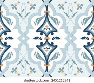 Seamless geometric pattern with floral elements in blue and white colors. Decorative arabesque in Arabic style. Vector abstract design.