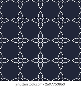 Seamless geometric pattern with floral motifs in navy blue and white