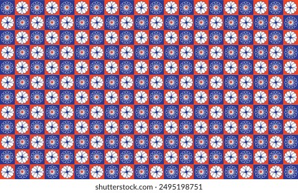 Seamless geometric pattern floral ornament with combination of red, pink and blue colors for textile and printing