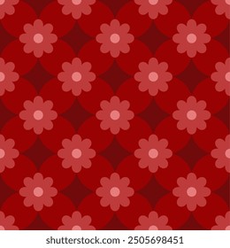 Seamless geometric pattern with floral shapes in shades of red. Suitable for graphic design, interior, textile, printing, wrapping, etc.
