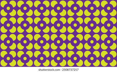 Patrón geométrico sin fisuras de Formas de flores de una combinación de Formas circulares verdes sobre un fondo de color púrpura. Diseño de Vector