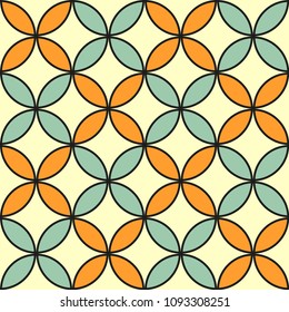 Seamless geometric pattern of flowers. Abstract ornament with flower shapes in regular grid. Vector illustration floral texture in orange, gold and blue colors. Forms of oval and ruby like butterfly.