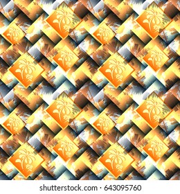 Seamless geometric pattern with flowers. Checkered and zigzag background. Vector illustration