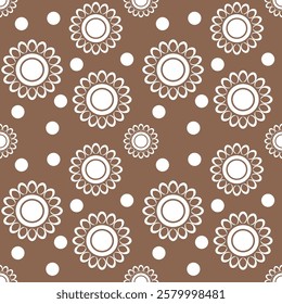 Seamless geometric pattern with flowers and circles. Vector graphics.