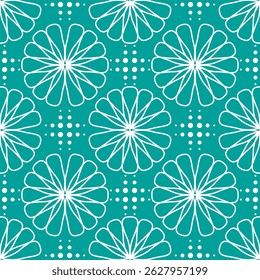 Patrón geométrico sin fisuras con flores y círculos sobre fondo turquesa. Gráficos de Vector.
