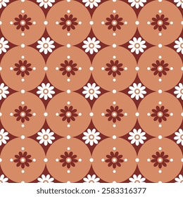 Seamless geometric pattern with flowers, diamonds and circles. Vector graphics.