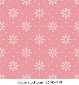 Seamless geometric pattern with flowers and dots. Dusty rose background.
