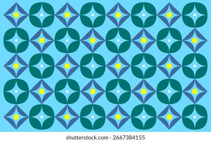 nahtloses geometrisches Muster mit Blumen. Ein indonesischer Batikstil mit geometrischen Mustern in hellblauen, grünen und gelben Farbpaletten. Designkunst mit floralem Hintergrund