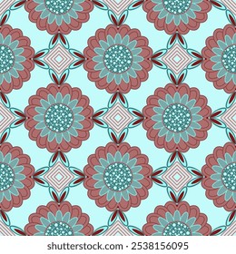 Seamless geometric pattern with flowers, leaves and squares. Vector graphics.