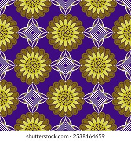 Padrão geométrico contínuo com flores, folhas e quadrados. Gráficos vetoriais.