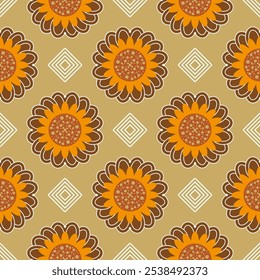 Nahtloses geometrisches Muster mit Blumen, Blättern und Quadraten. Vektorgrafiken.